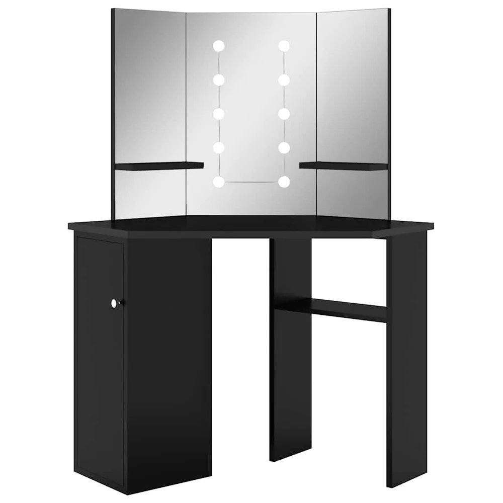 vidaXL Hjørnemontert sminkebord med LED svart 111x54x141,5 cm v:6365606
