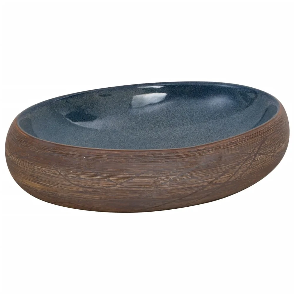 vidaXL Benkeservant brun og blå oval 59x40x15 cm keramikk v:8935843